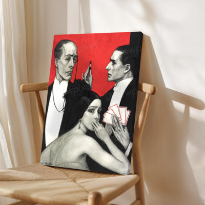 Art mural encadré sur toile, trois personnages en tenue de soirée avec des cartes et une fiole, style à l'encre expressionniste. Décoration murale, grande œuvre d'art pour le salon, prête à être suspendue, 24 po x 36 po