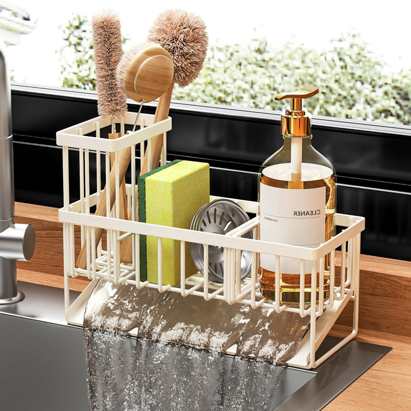 304 Rustproof Stainless Steel Kitchen Sink Caddy, High Brush Holder, Sponge Holder & Soap Dispenser Organizer, Off White