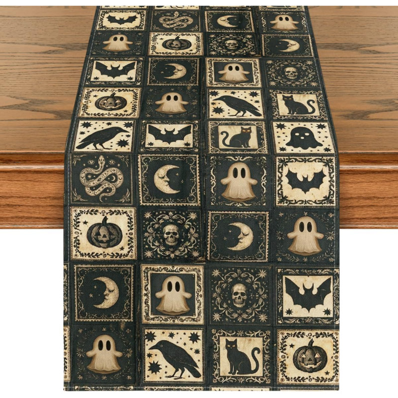 Chemin de table 210 g / m² Halloween 13 x 72 pouces | Décoration de table de salle à manger Patchwork, L 72 po, Noir