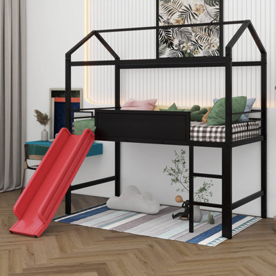 Twin Size Metal House Bed With Slide, Metal Loft Bed With Two-Sided Writable Wooden Board