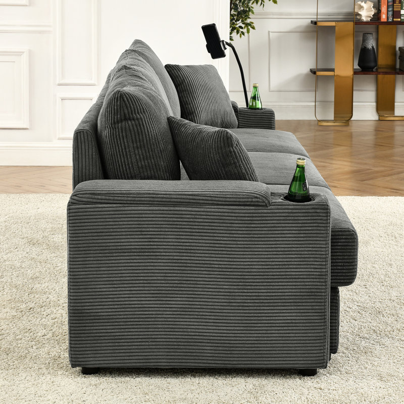 Velours côtelé gris avec coussins hauts, rangement et porte-gobelet pour téléphone