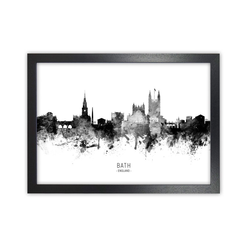 Bath England Skyline Black White City Name by Michael Tompsett - Print, 64cm H x 88cm W x 3cm D, Black Framed