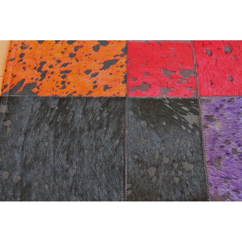 Area Cowhide Patchwork Area Rug in Black/Red/Blue, Rectangle 8' x 10'