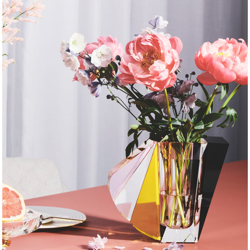Manhattan Handmade Crystal Table Vase, Brown/Rose/Yellow, 10.04" H x 9.06" W x 5.31" D