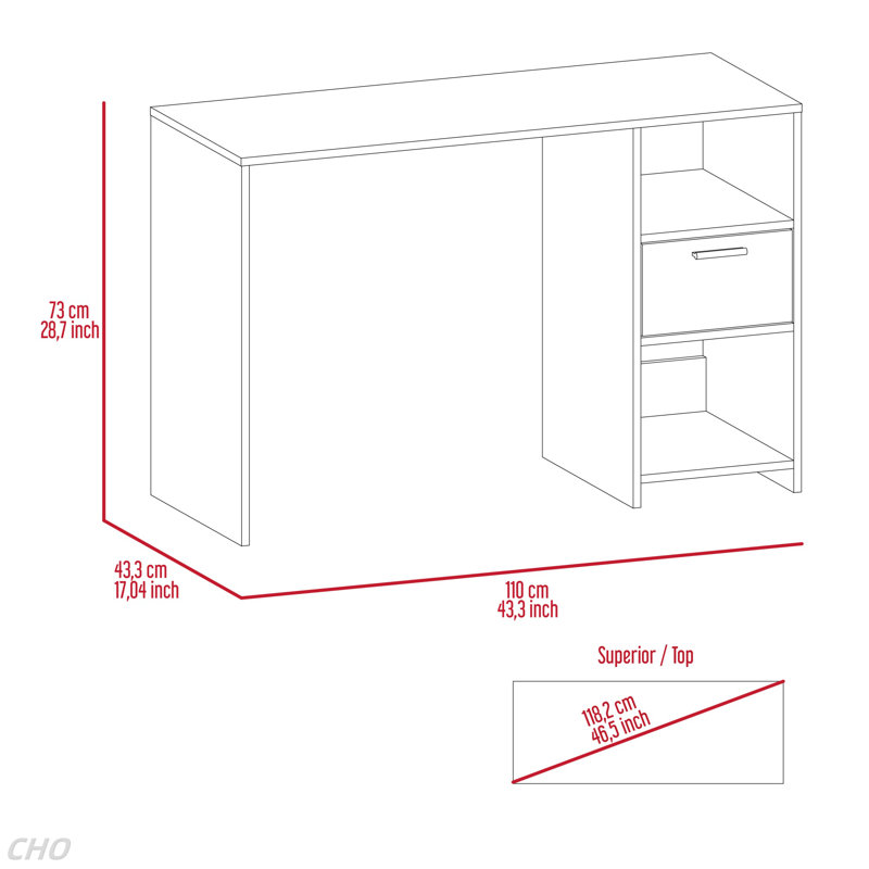 Bureau d'ordinateur, un tiroir, deux tablettes, Gris