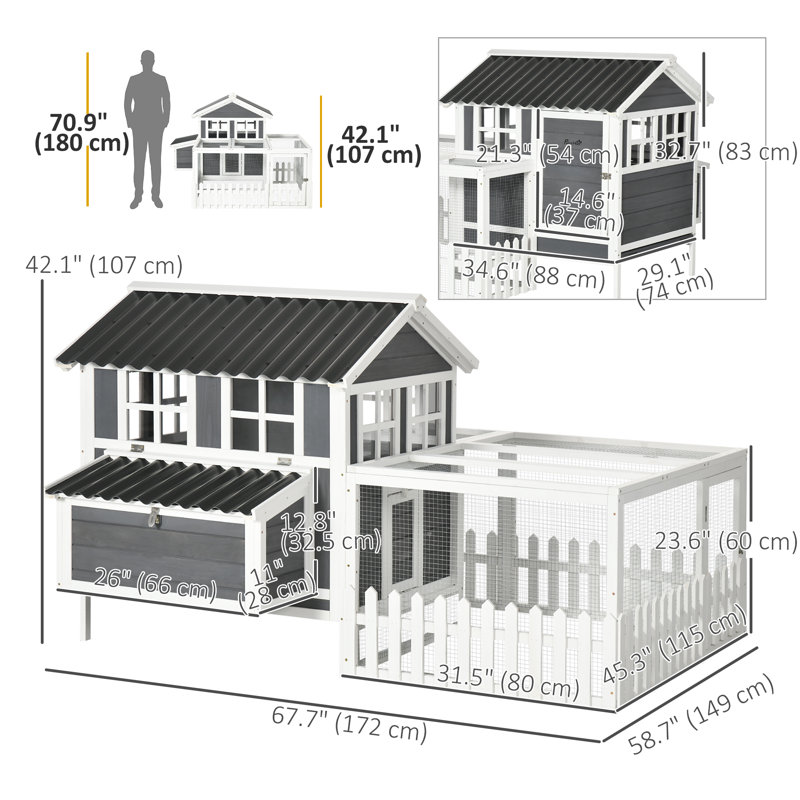 Poulailler en bois avec enclos pour 3 à 4 poulets, poulailler avec nichoir, plateau amovible, clôture, cage à volaille extérieure, 68 po x 59 po x 42 po, gris