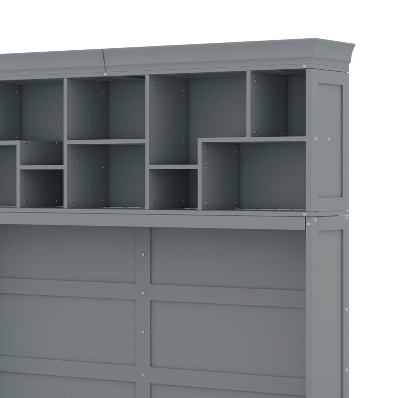 Grand lit escamotable mural avec tablettes supérieures et port USB, Gris