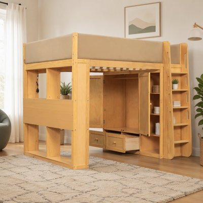Lit mezzanine en bois massif de taille standard avec barrières de sécurité entièrement recouvertes de cuir PU rembourrés