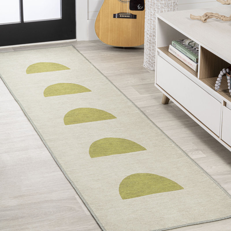 Ashaunti Minimalist Geometric Machine-Washable Cream/Moss Rug, Runner 2' x 8'