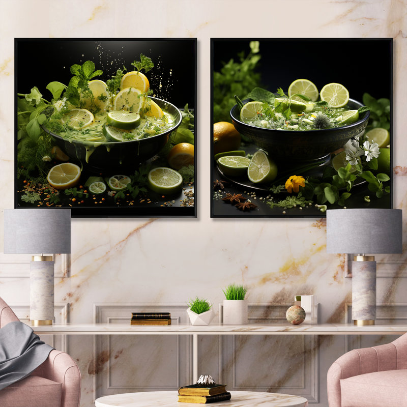«Citrus Soup Symphony Greens», 2 pièces, Cadre noir, H 16 po x l 33 po