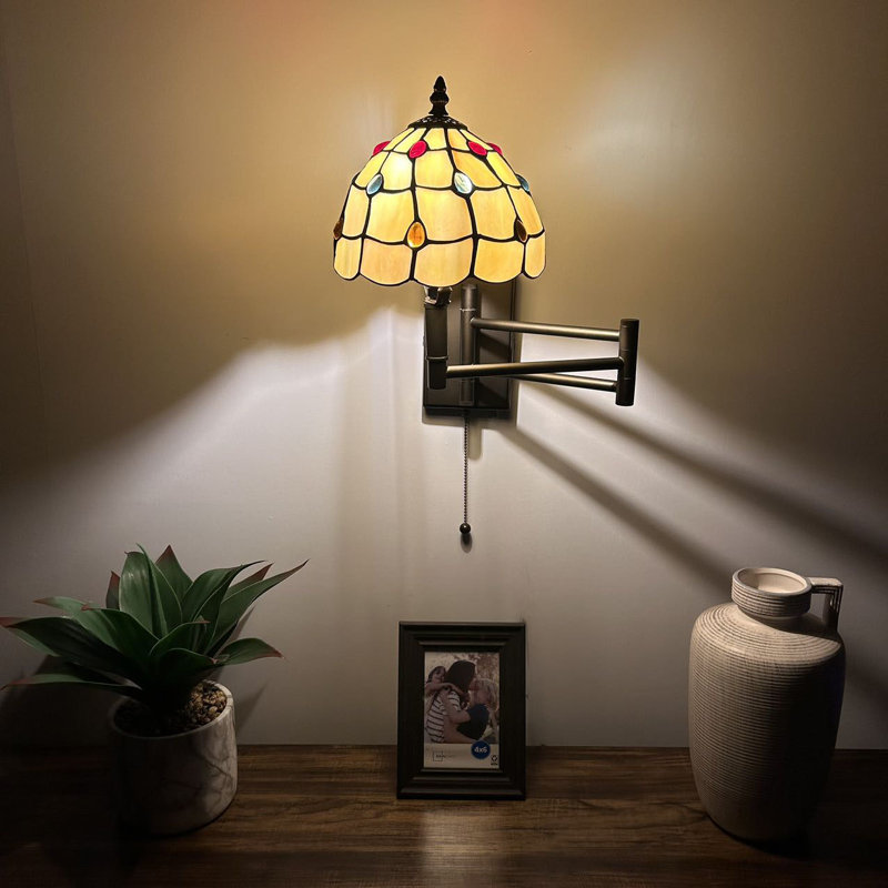 Tiffany Sconce Lamp Swing Arm Gold Stained Glass Golitz Pull Chain Switch 13”W*8”D*15”H