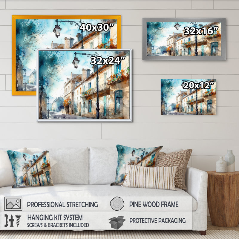 Art mural bleu et beige, petite ville française - ville, Cadre simple noir, H 12 po x l 20 po x P 1 po