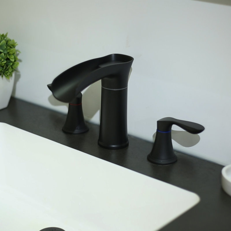 Robinet de lavabo à deux poignées, bec à cascade et bec pivotant à 360°, bonde escamotable, noir mat, Noir mat
