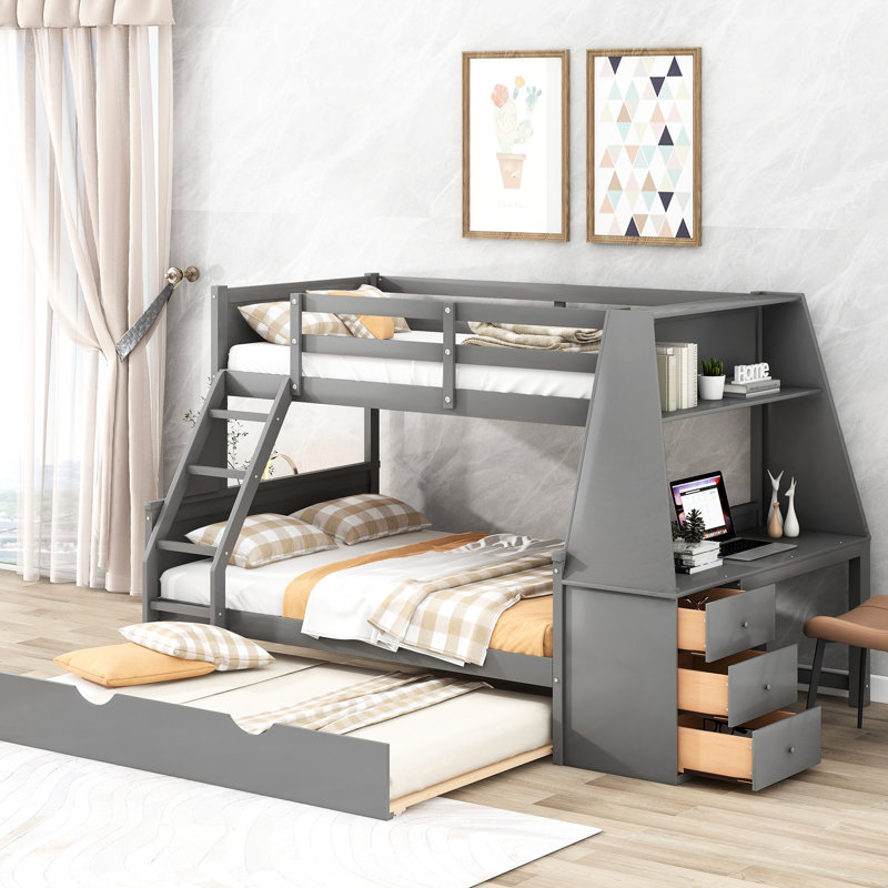 Lit superposé gris avec lit superposé simple au-dessus d'un lit double, gigogne, bureau et bureau de rangement profuse, tablette de luxe