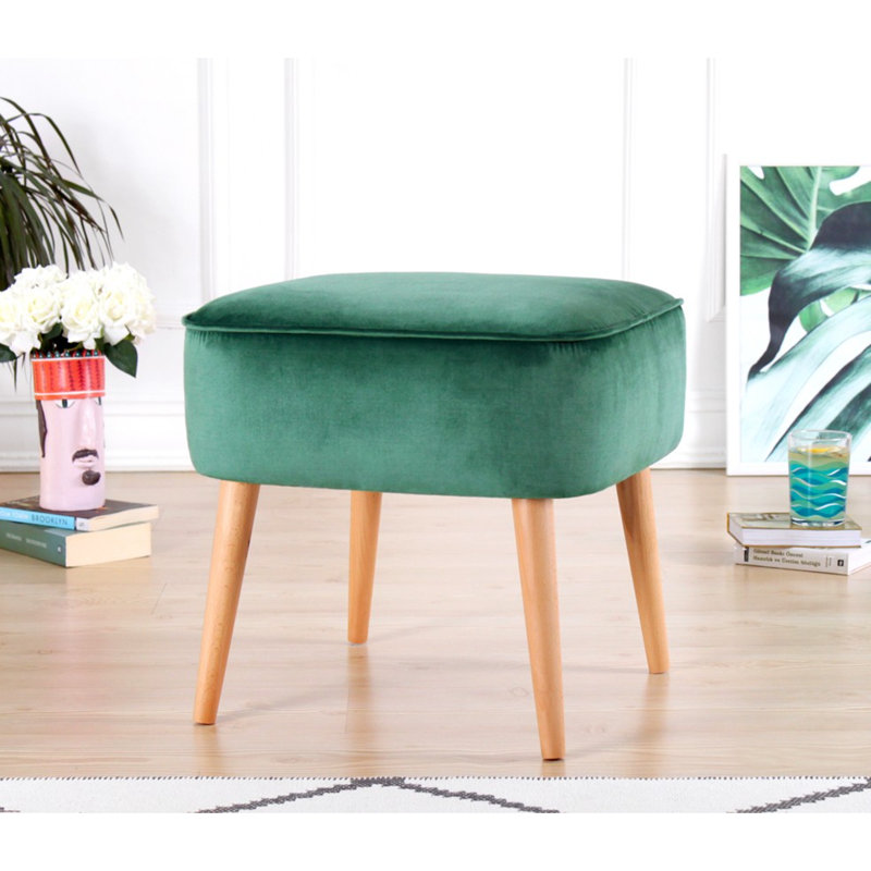 Bohemian Velvet Pouffe with Wooden Legs, Green, 17.7 x 17.7 x 16.9 inches | 100% Velvet Fabric, 35 DNS Orthopedic Sponge, Thickness: 2.4 inches | Stylish & Comfortable Seating for Living Room & Bedroom Decor