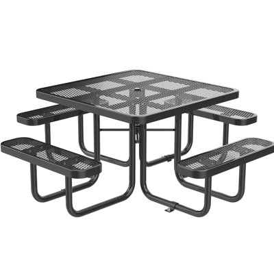 46 - Inch Black Square Picnic Table With Umbrella Hole, 2.5mm Steel Mesh Tabletop For Outdoor Reliability, 482.0mm Tube Legs Provide Strong Support Structure, Comes Installation Parts Enduring