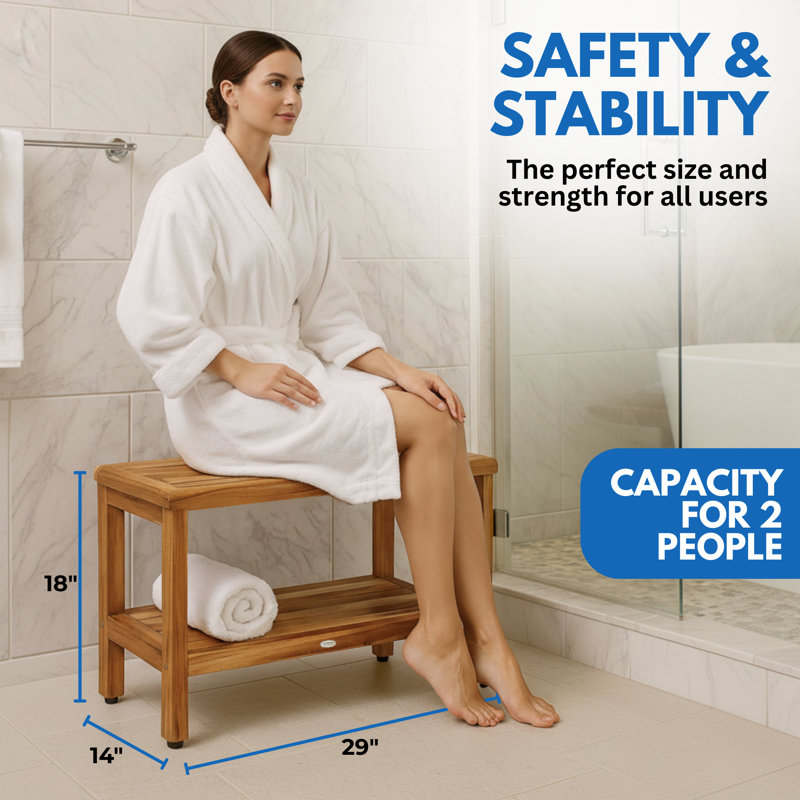 EcoDecors' Eleganto Teak Shower/Garden Bench Teak, 30-inch Wide, Teak Shower Bench, Shelf, Teak Shower Stool, Teak Shower Seat, Shower Teak Bench, 30 Inch Wide, Teak Shower Bench for Inside Shower, 18 Inch Height, in EarthyTeak