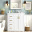 Meuble-lavabo de 30 po avec lavabo en céramique, structure en bois massif, rangement ambre, portes et tiroirs à fermeture en douceur, assemblage facile, armoire polyvalente-2039611720