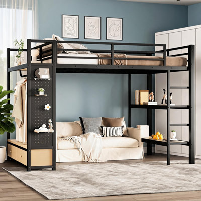 Jet Black MDF and Metal Full Size Loft Bed Frame, All-in-One Storage for Bedrooms, Functional Modern Style