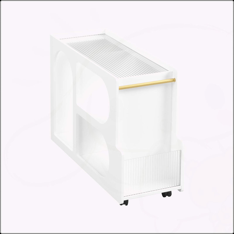 Table de bout mobile avec roues verrouillables, table basse étroite, verre trempé cannelé de 5 mm d'épaisseur, table de chevet, tige ronde dorée, salon