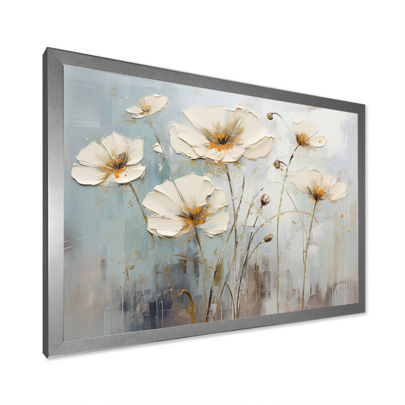 Élégant beige et gris Buttercups Meadow - Buttercups Wall Art Living Room, Cadre simple argenté, H 30 po x l 40 po x P 1,5 po