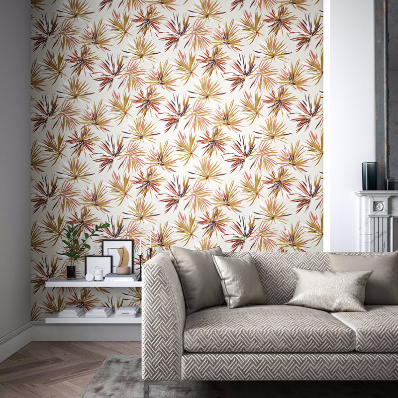 Aucuba Floral Metallic Wallpaper Roll, Gold/Rosewood/Parchment