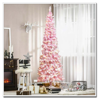 7.5ft Prelit Snow Flocked Artificial Christmas Tree, Pink and White