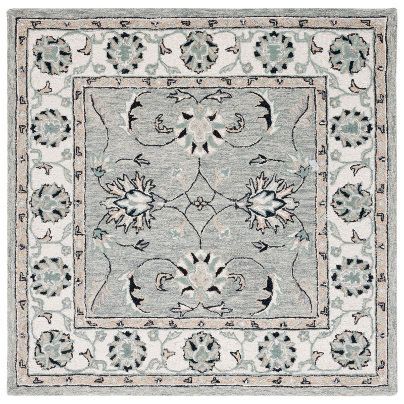 Calei Micro-Loop Hand Tufted Wool/Cotton Oriental Rug in Light Gray/Ivory/Black, Square 5'