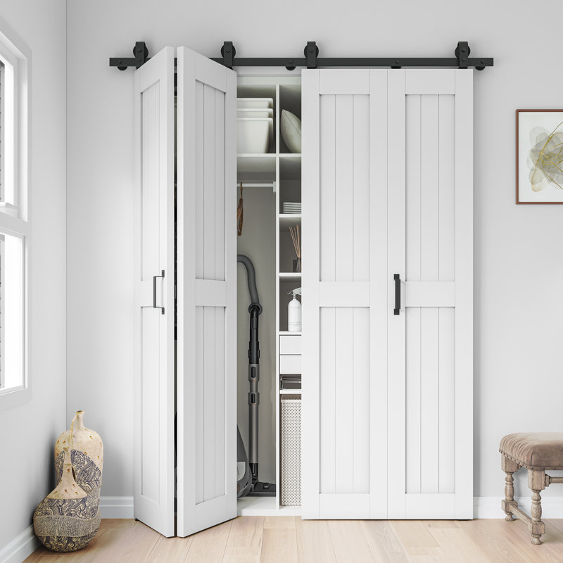 Portes de grange coulissantes pliantes en bois double 84 po avec quincaillerie d'installation 84 po, 64 po x 84 po