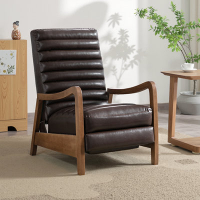 26" Wide Bauhaus Mid Century Waxed Leather Push Back Recliner, Manual Reclining Chair with Solid Wood Frame