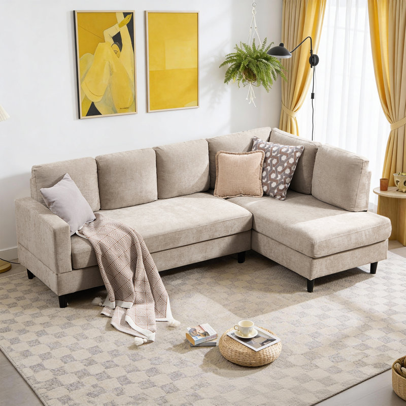95" Upholstered L Shaped Sofa Modern Sectional, Khaki Chenille