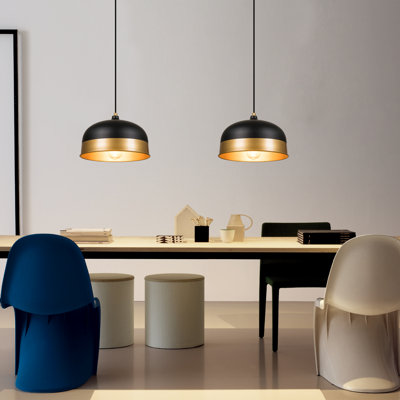 Set of 2 Modern Dome Pendant Lights with Matte Black Finish and Brass Accent, Single-Light Hanging Ceiling Lamps