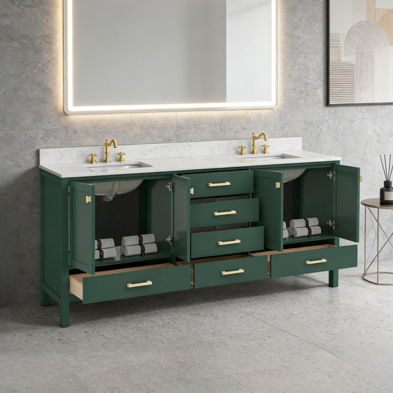 84'' Free-Standing Double Bathroom Vanity With Engineered Stone Top