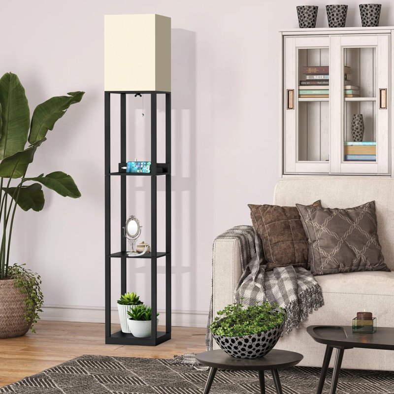 Lampe sur pied colonne Vax avec tablettes, bois massif, ports USB et ampoule incluse, Noir mat