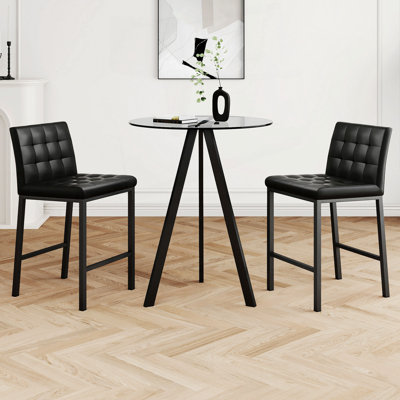 Conception élégante en tissu de polyuréthane noir, pieds de chaise en métal noir, pieds de table en métal noir, plateaux de table ronds en verre trempé, housses de chaise de bar, convient aux bars, restaurants, chaises de bar de chambre à coucher, 