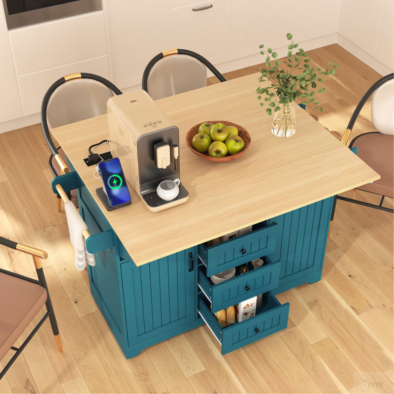55.7'' Large Kitchen Island With 2 Drop Leaf,, Rolling Kitchen Cart On 5 Wheels With Power Outlet, Folding Storage Dining Table With Spice & Towel Rack , 3 Drawers, For Kitchen, Dining Room,Green