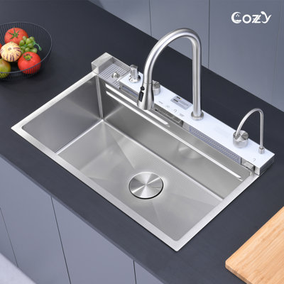 30"L Drop-in Single Bowl Stainless Steel Kitchen Sink with Pull-out Faucet, Digital Display, Cutting Board, Colander, Basket Strainer