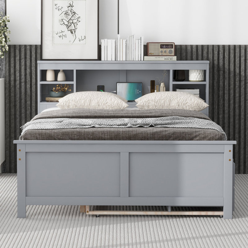 Lit plateforme double avec tête de lit, ports de chargement USB, lit gigogne et 3 tiroirs de rangement - gris, Lit double