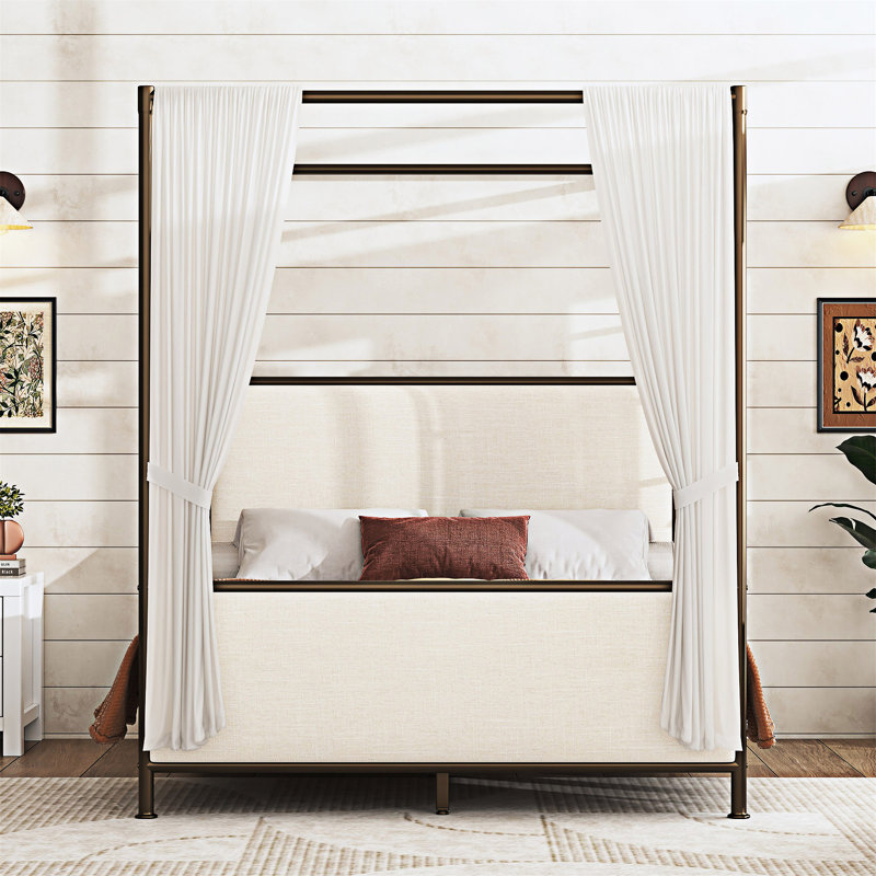 Canopy Bed Frame With Upholstered Headboard, Queen, Beige