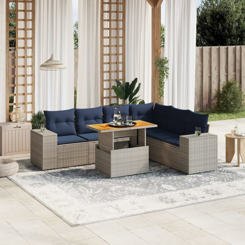  Ensemble de canapé de patio 7 pièces avec coussins en rotin de polyester, Gris, Bleu