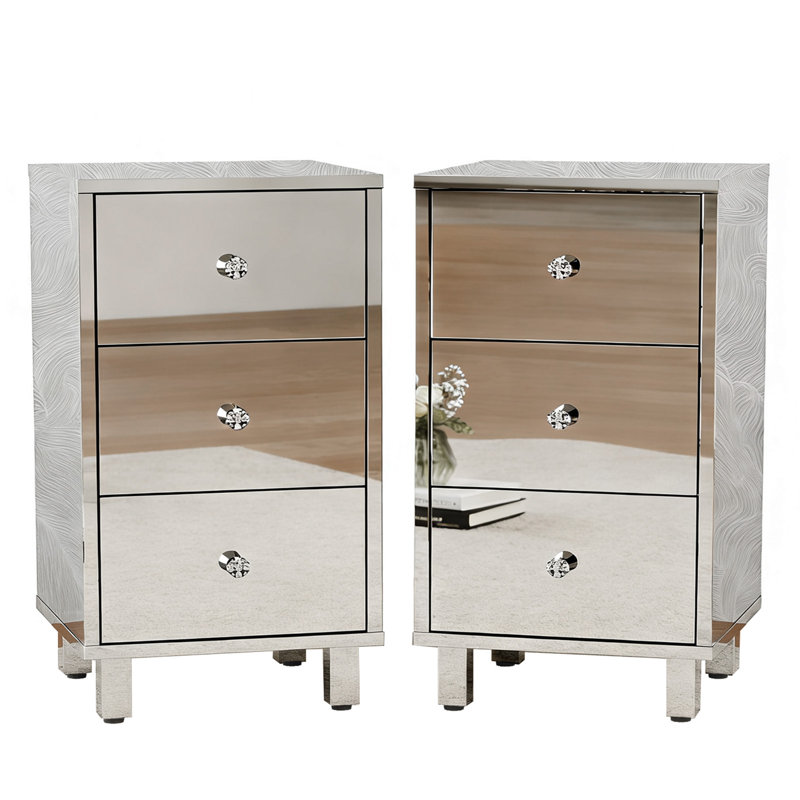 Silver Finish 3 Drawer Nightstand 15 Inch