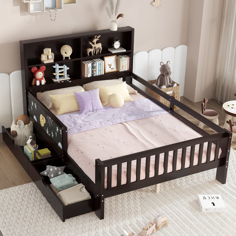 Teen Bed Platform Standard Bed With Bookcase And Drawers, Espresso, Full