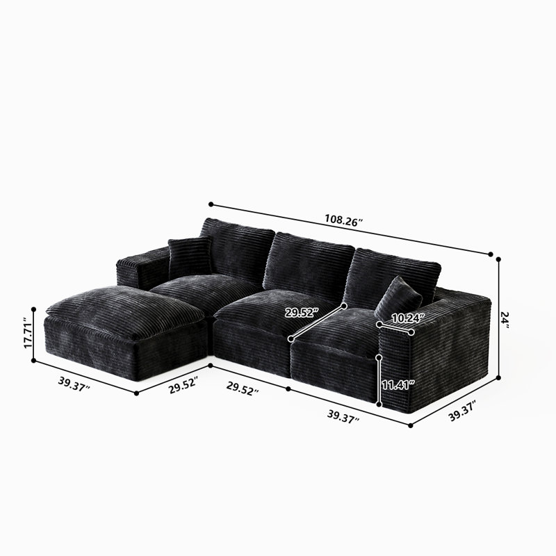 Canapé modulaire Black Cloud 108 po avec méridienne en L, siège profond modulaire en velours côtelé, conception interchangeable
