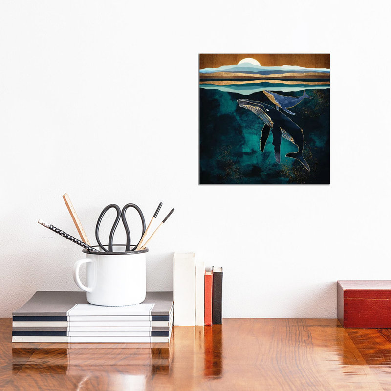 Moonlit Whales - impression d'art graphique, Aucun mat, Toile tendue, H 12 po x l 12 po x P 0,75 po