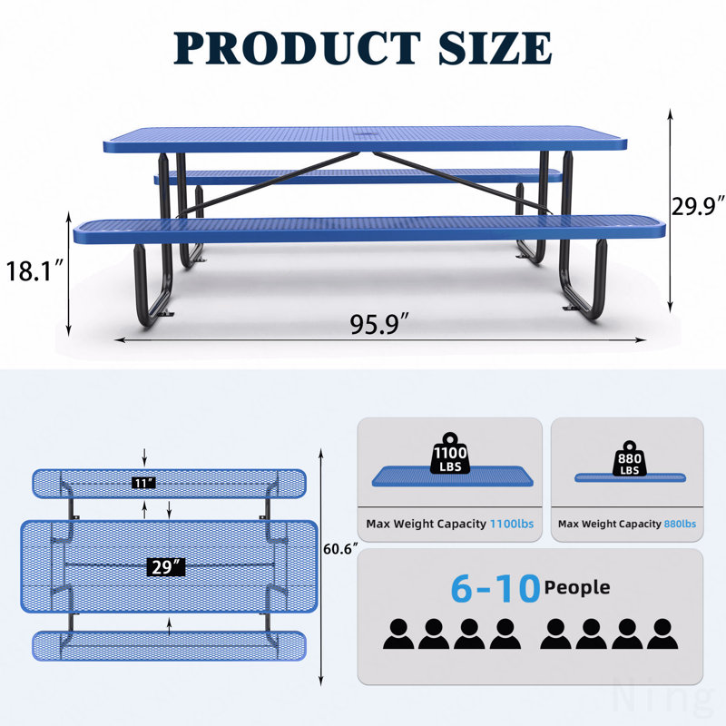Blue 96" Rectangular Picnic Tables, Outdoor, Blue