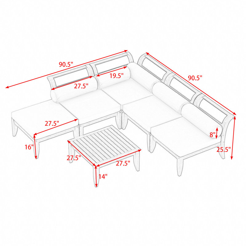Ensemble de canapé d'extérieur 6 pièces, mobilier modulaire en L modulaire avec table à thé, repose-pieds et coussins