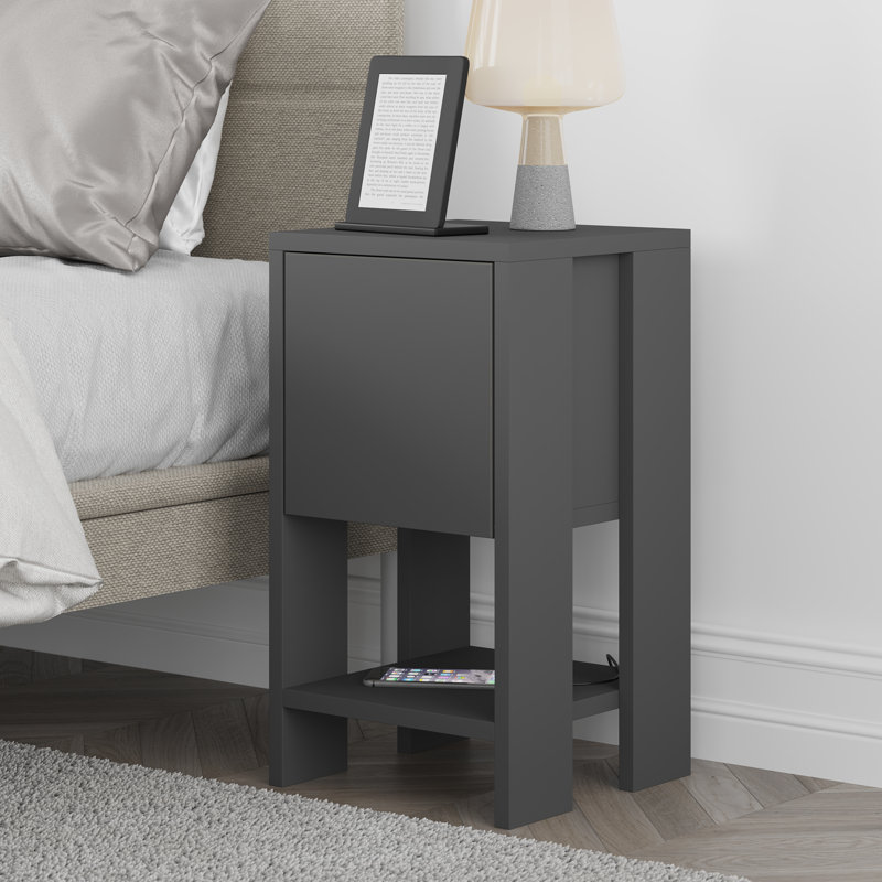 Atharv Bedside Table with Drop-Door Storage and Open Shelf for Versatile Living, Anthracite