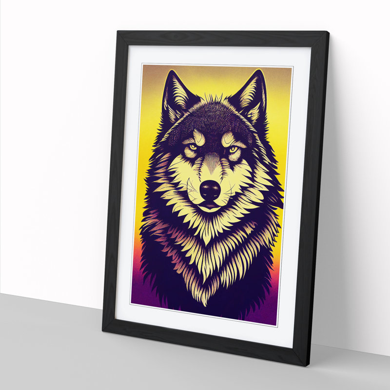 FRM-V0523-2923X Wolf Retro Art - Single Picture Frame Print, Black, 64cm H x 46cm W x 2cm D