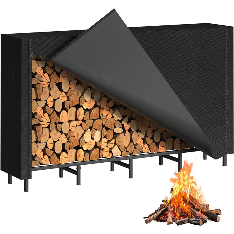 Support à bûches de bois d'extérieur avec couvercle, support à bûches réglable de 5,3 pi avec tissu Oxford noir imperméable pour rangement de foyer