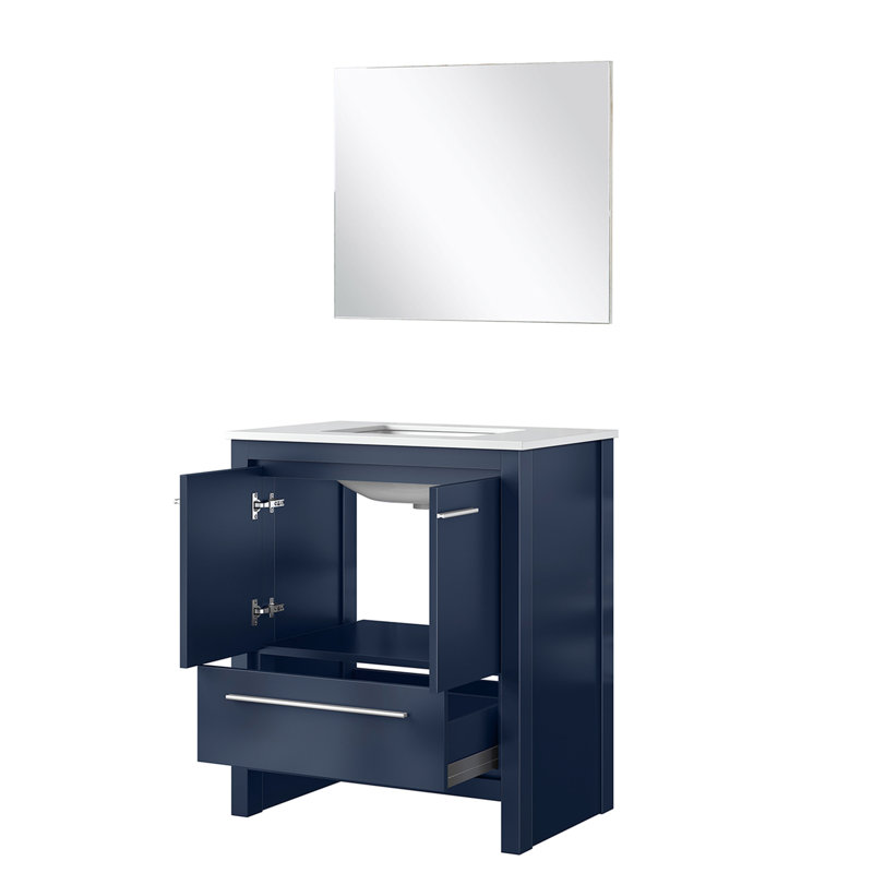 Meuble-lavabo bleu marine l 30 po x P 20 po avec comptoir en quartz blanc et miroir de 28 po à fermeture en douceur, surface rayée, beaucoup d'espace de rangement
